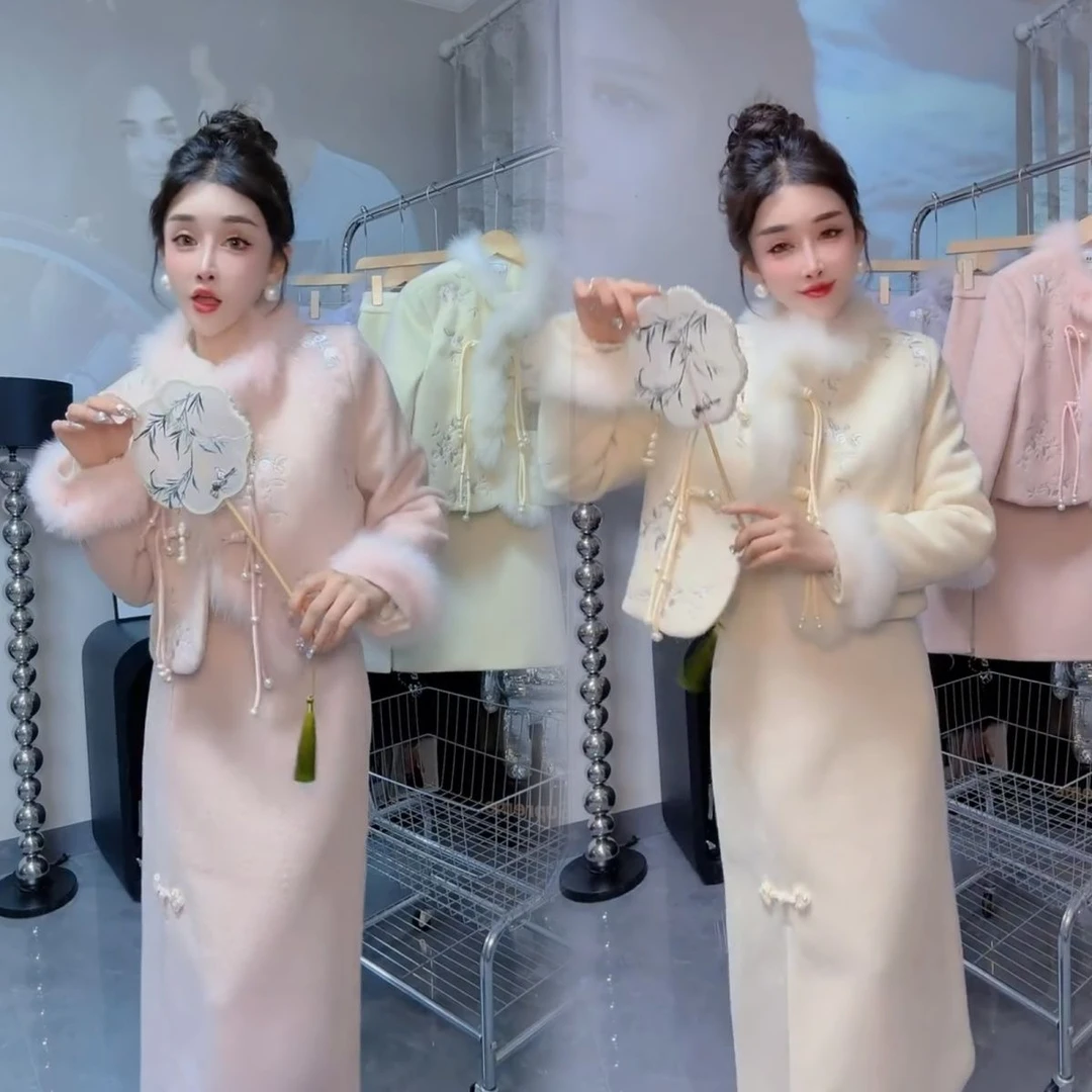 爆款新中式小香风套装女秋冬新款高级感超仙毛呢外套半身裙两件套