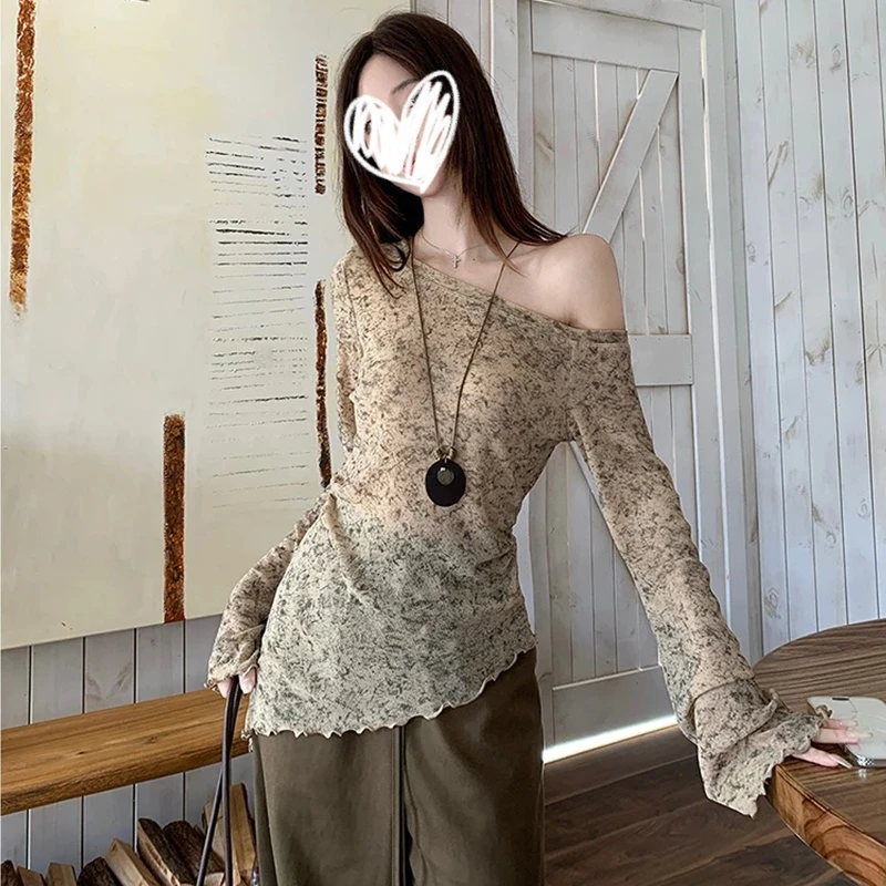 辣妹性感晕染斜露肩长袖t恤女早秋不规则修身显瘦上衣内搭打底衫