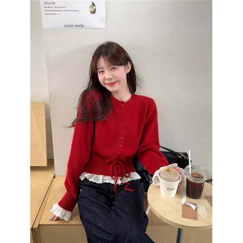新款红色针织衫毛衣女冬季甜美风设计感荷叶边系带长袖打底衫上衣