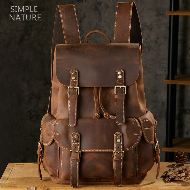 手工复古牛皮双肩包男背包个性潮牌真皮男士学生潮流旅行休闲书包