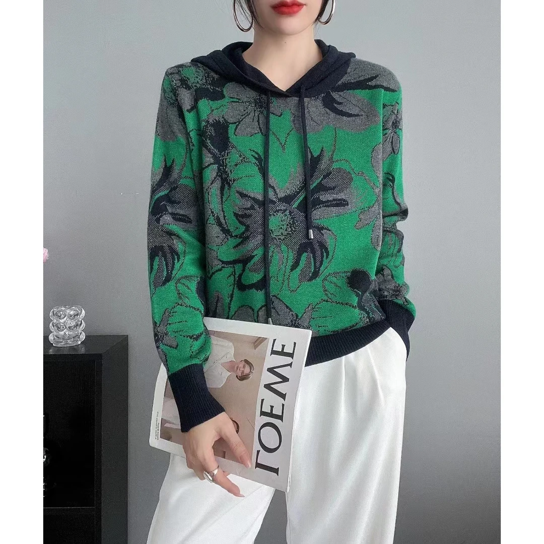 时尚宽松长袖上衣女连帽花朵套头毛衣6128