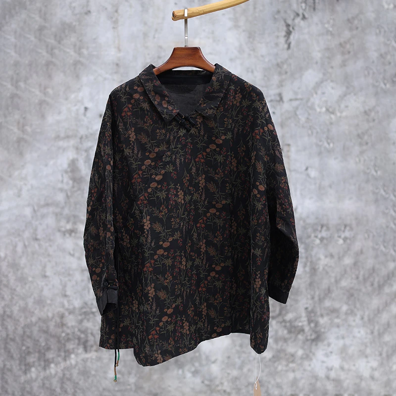 慢慢变蓝原创 荼 春夏中式复古斜襟桑蚕丝上衣七分袖宽松衬衫