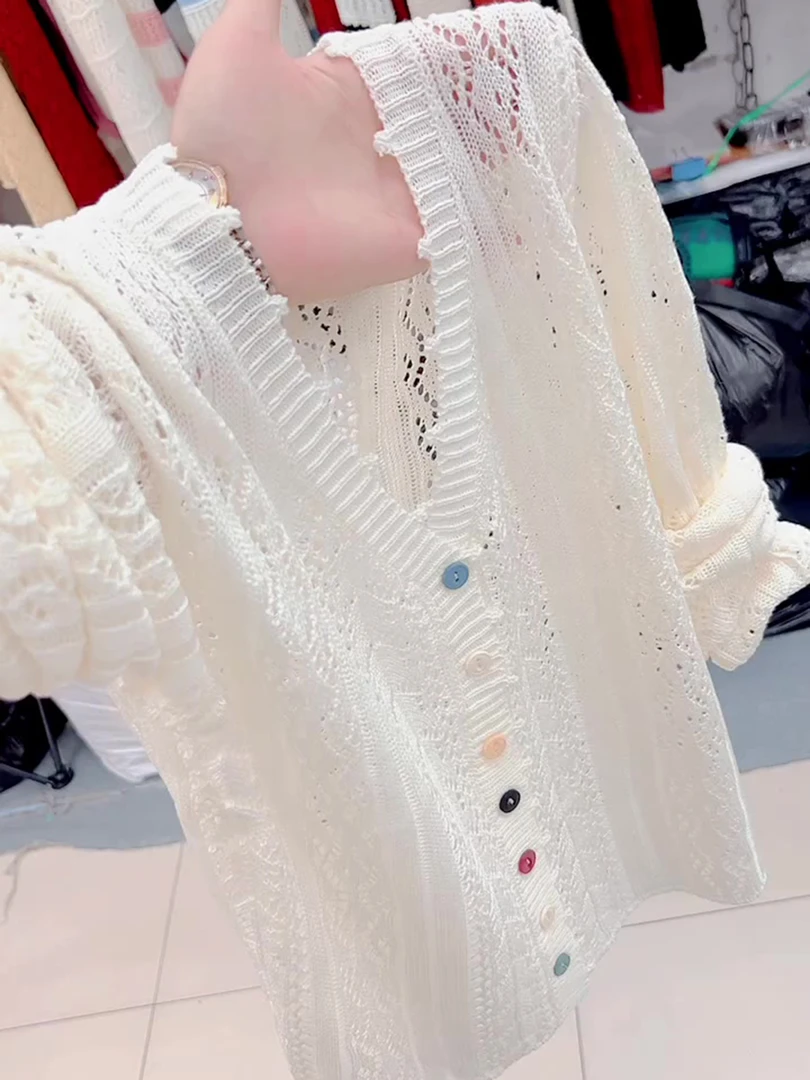 流行穿搭单件女2025早秋新款百搭薄款防晒纽扣镂空长袖针织上衣