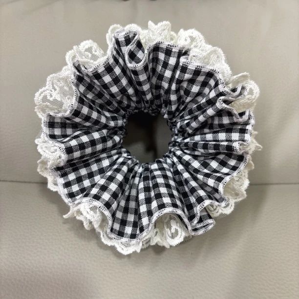 韩系韩版黑白格蕾丝多层发圈发绳大肠圈