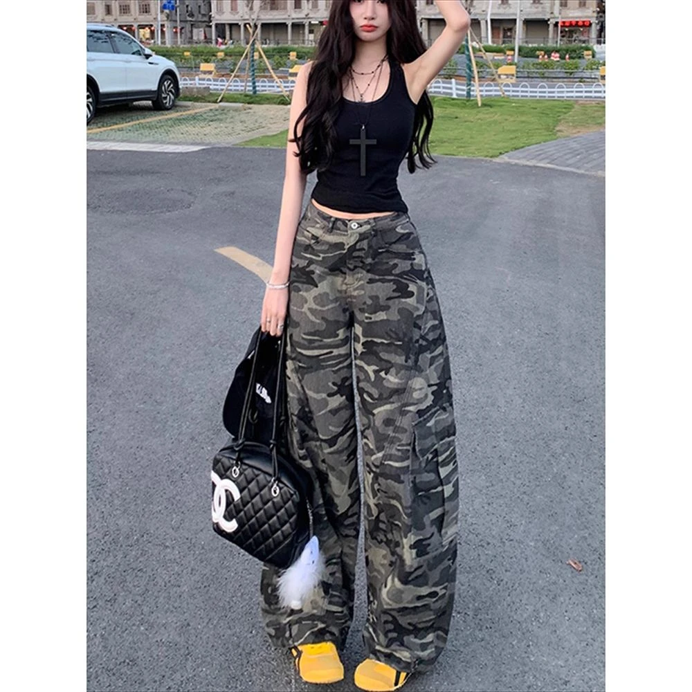 美式复古迷彩工装裤女夏季薄款镰刀阔腿裤子高腰hiphop弯刀牛仔裤