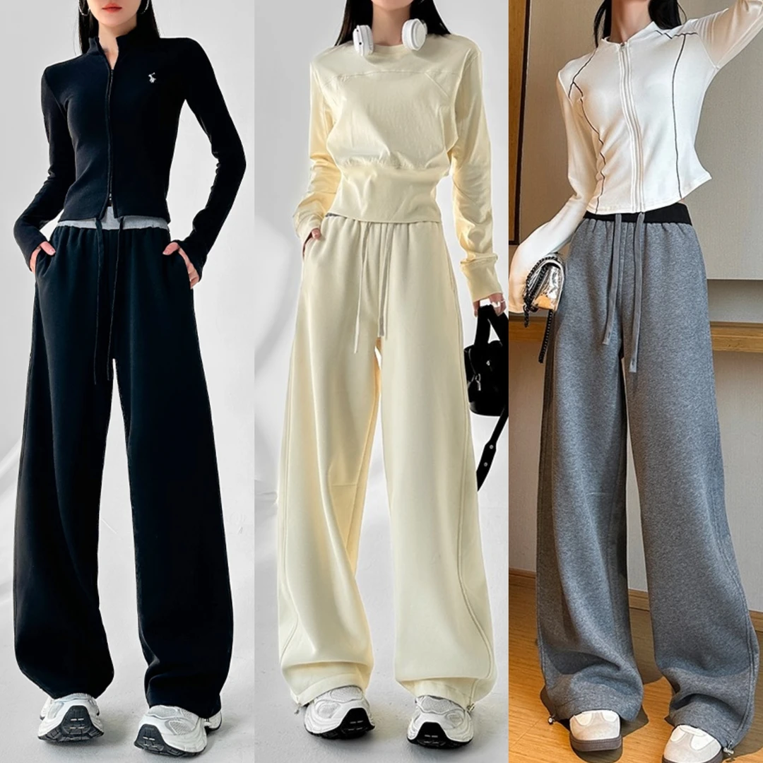 运动卫裤女2025春季新款抽绳百搭宽松卫裤显瘦弯刀休闲阔腿裤子