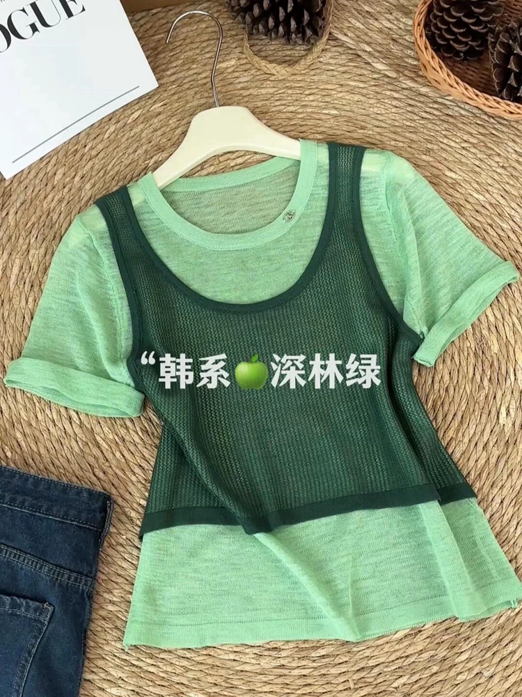 森林绿色假两件短袖2025夏季新款圆领薄款高级感气质独特上衣