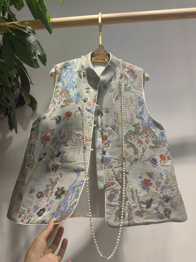 超重工亭台山水绣花马甲提花气质百搭马甲