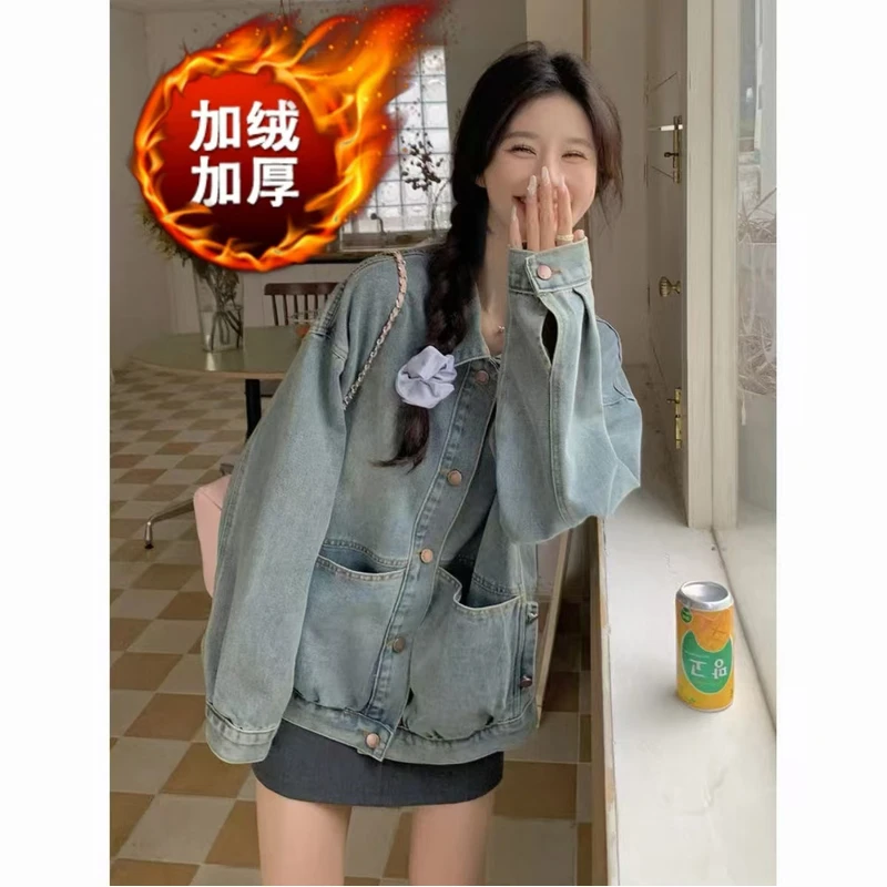 港风复古做旧牛仔外套女秋冬2024新款小个子宽松百搭小众牛仔衣