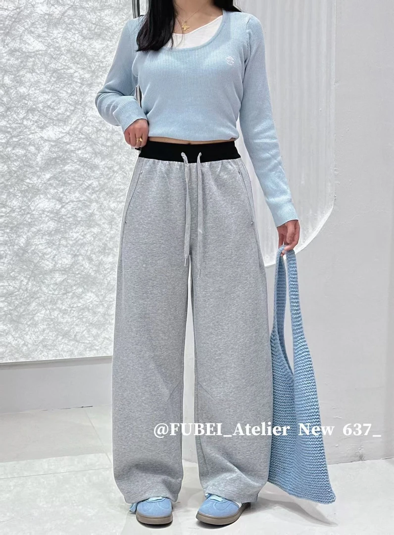 春季新款高腰撞色阔腿裤休闲长裤女637