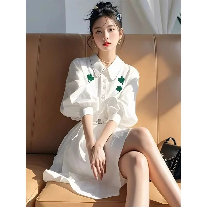 法式白色印花衬衫连衣裙女春季2025新款高知穿搭小洋装气质裙子