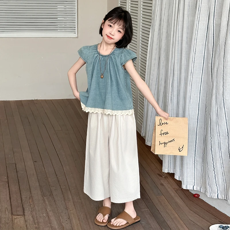 女童夏季休闲薄款牛仔飞袖娃娃衫套装女大童夏装儿童夏款阔腿裤潮
