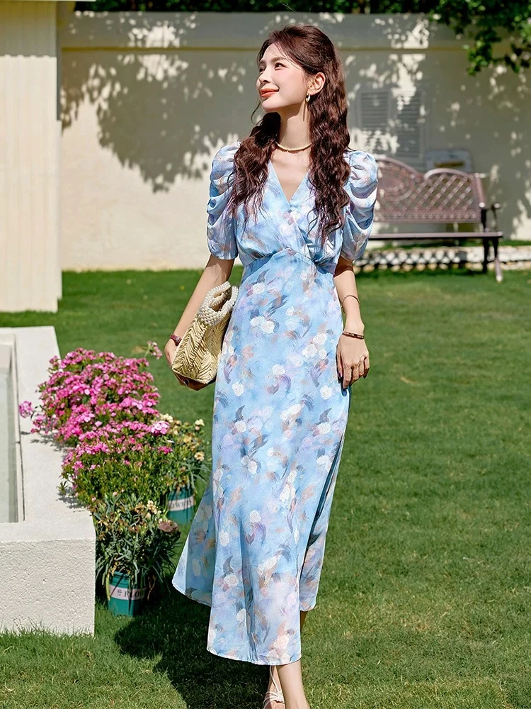 【工厂直销】莫奈尔花园法式小众时尚百搭显瘦碎花连衣长裙