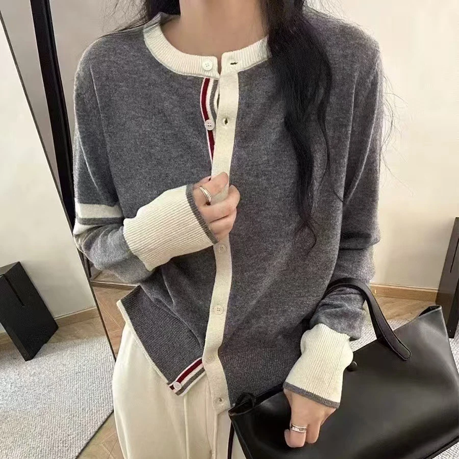 066【暮光烤奶】100羊毛秋季圆领长袖打底开衫拼色百搭时尚