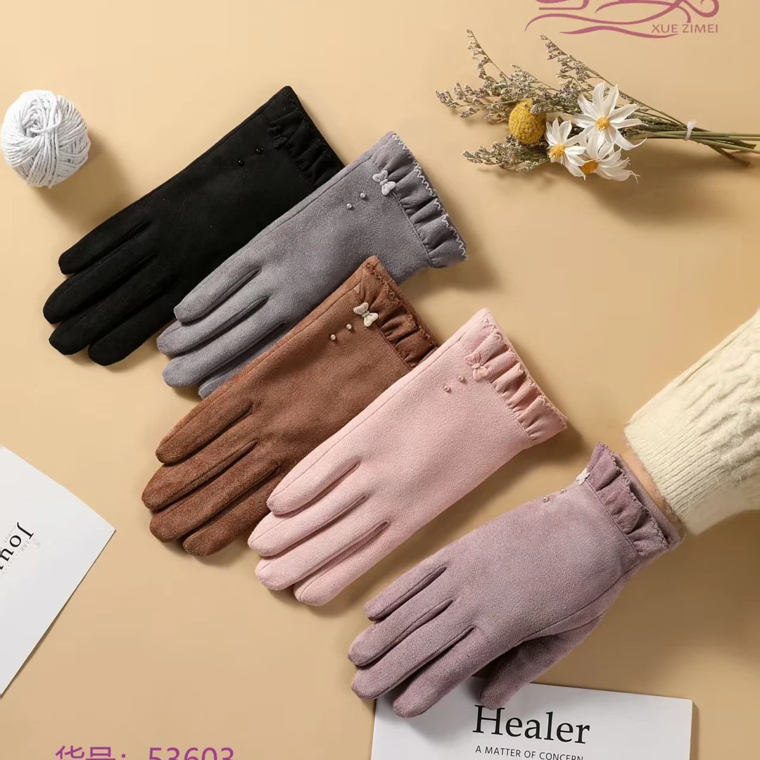 雪姿美手套冬女鹿皮绒加厚加绒双层暖手套骑车防风保暖防寒