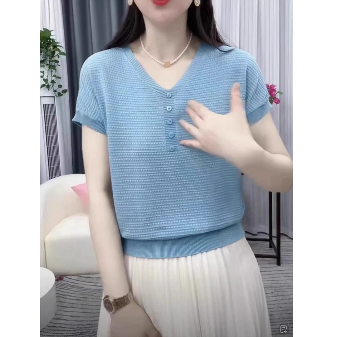 冰丝短袖t恤女士夏季薄款V领针织小衫洋气宽松纯色配裙子休闲上衣