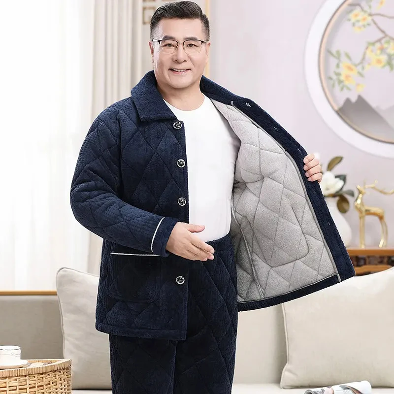 爸爸冬季珊瑚绒睡衣男中老年人三层夹棉加绒加厚保暖居家服套装
