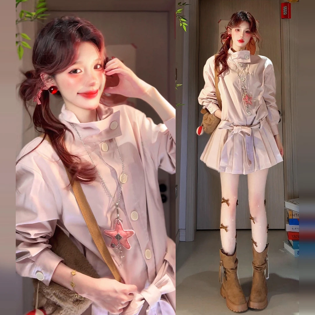 韩系氛围感学院风立领连衣裙女2025早秋新款穿搭甜美漂亮粉色长裙