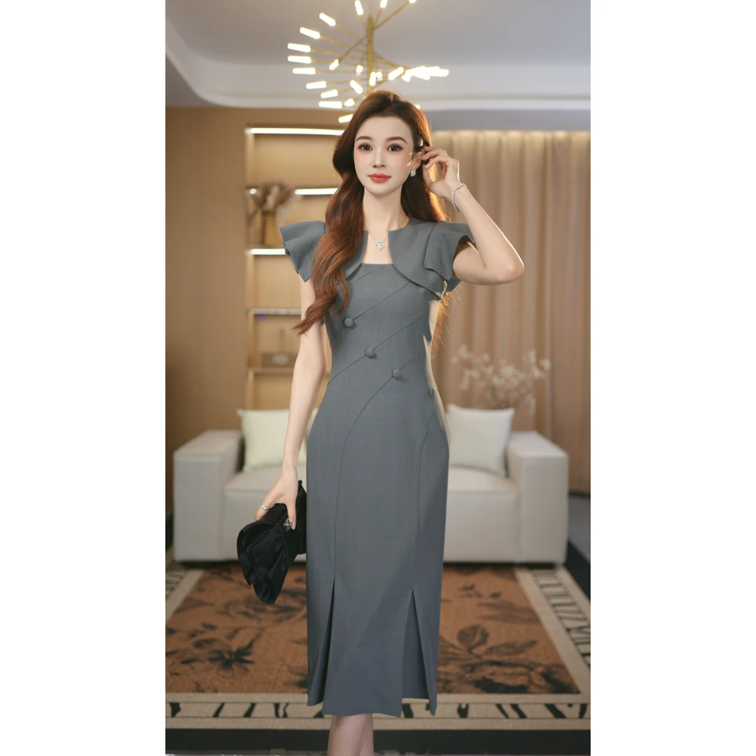 罗曼定制 原创设计款2025新款轻奢高级感灰色连衣裙