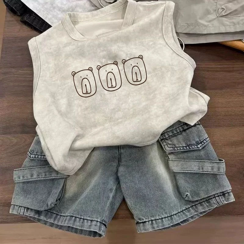 男童复古扎染无袖t恤2025夏季儿童酷帅时髦背心宽松休闲纯棉上衣