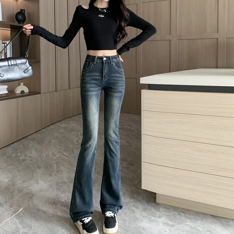 2025年新款高腰弹力显瘦微喇牛仔裤女小个子修身显瘦马蹄喇叭裤子