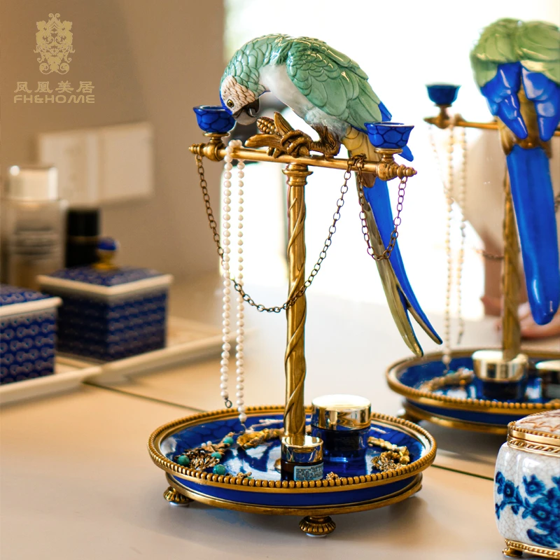 FH&HOME/凤凰美居欧式奢华玄关圆碟配鹦鹉烛台彩绘蓝色手工摆件