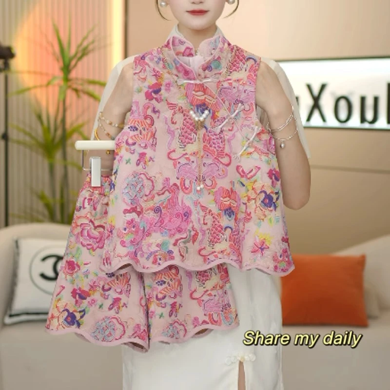 女童国风汉服套装夏季2025新款潮儿童夏装女孩盘扣背心短裤两件套