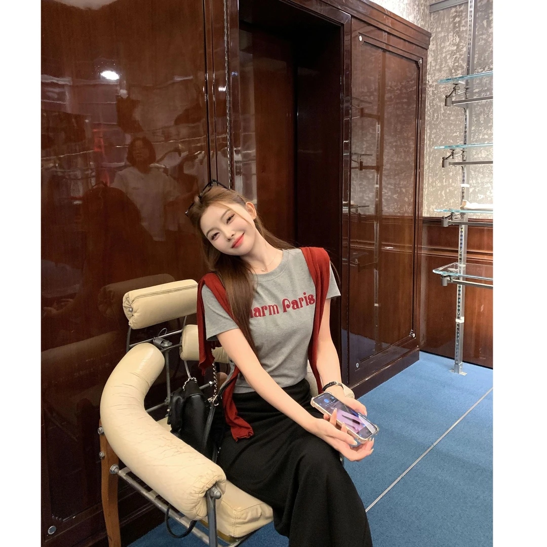 SZA【夏日香气】夏季新款韩系百搭好看圆领字母印花短袖T恤A-1855