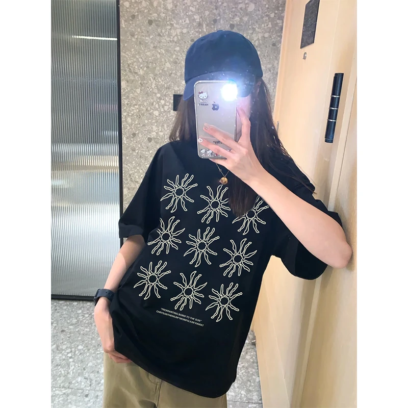 韩系小众学院风纯棉短袖t恤女夏季复古印花设计休闲百搭上衣