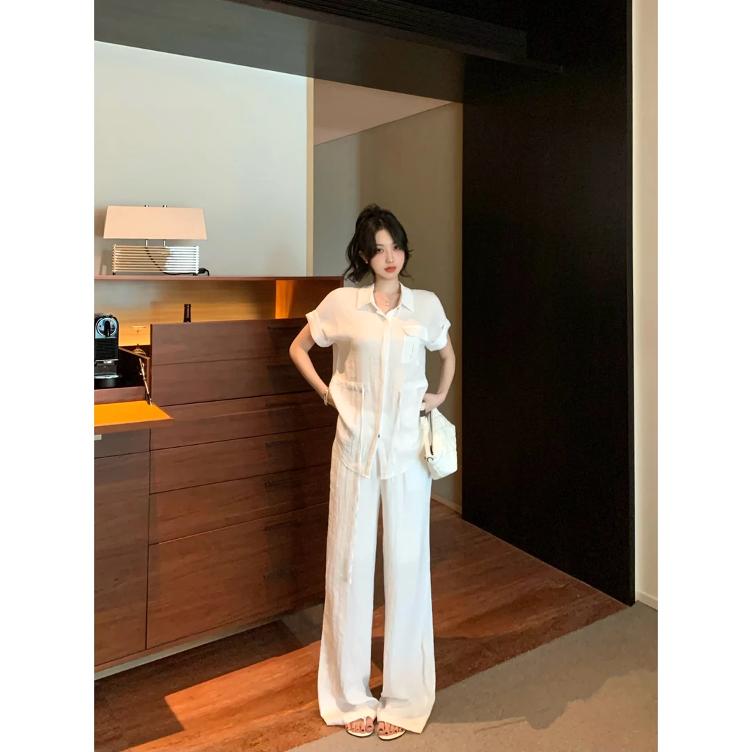 老钱风抽绳麻料短袖衬衫慵懒感透气拖地阔腿裤