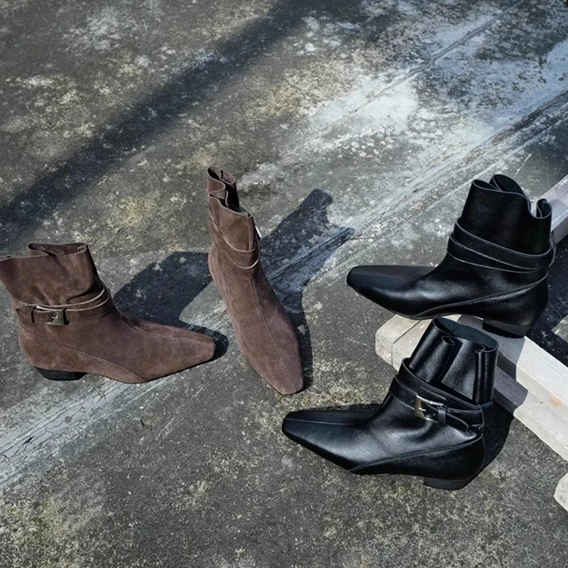 牛皮版~秋冬新款复古褶皱方头时装靴女套筒百搭皮带扣粗跟短靴女