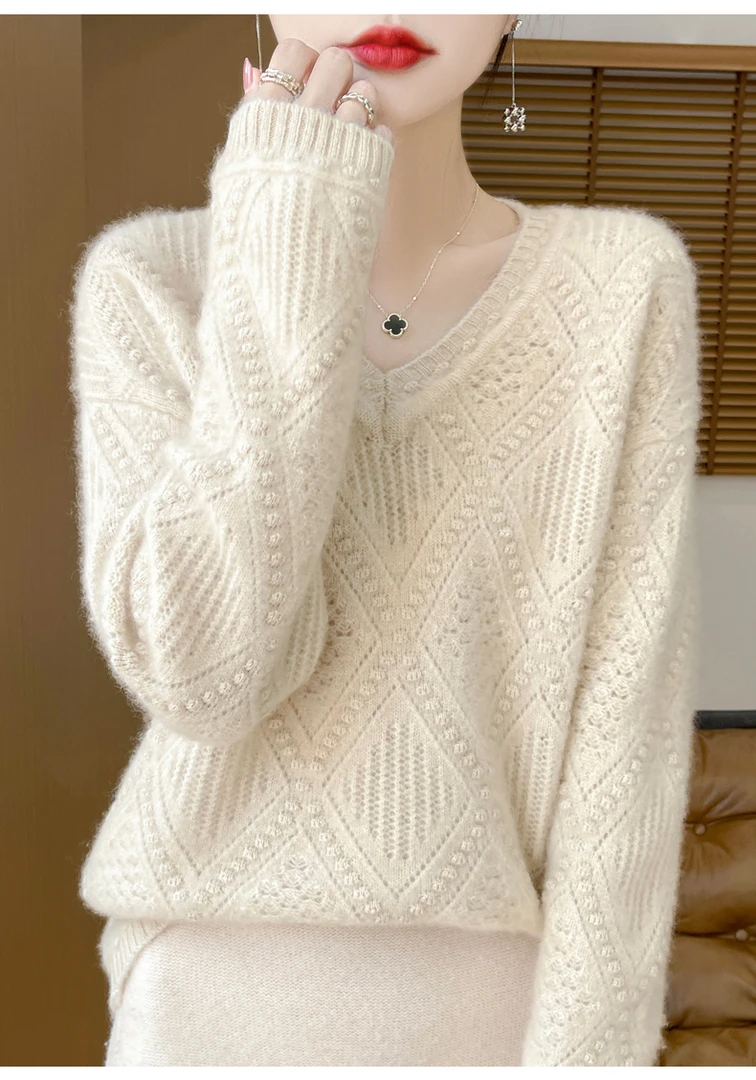 100纯羊毛针织衫加厚V领鼓波高级风上衣D325清