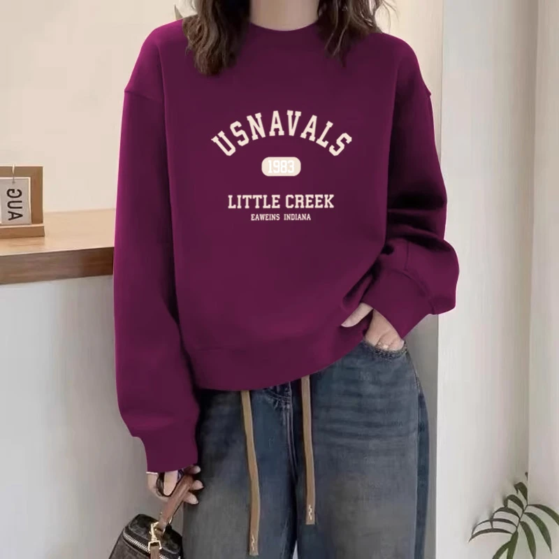 多巴胺圆领套头打底衫加绒加厚卫衣女2025春秋季新款宽松韩版外套