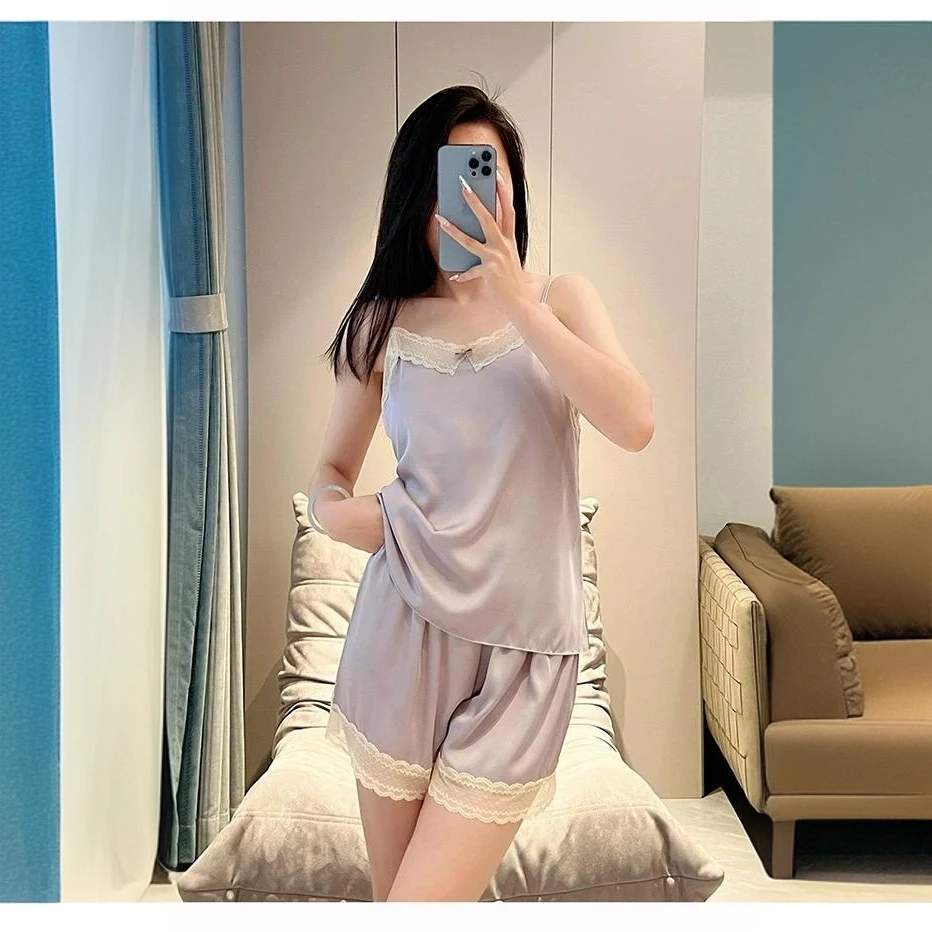 带胸垫新款睡衣女夏季冰丝性感吊带短裤套装带胸垫夏天薄款家居服