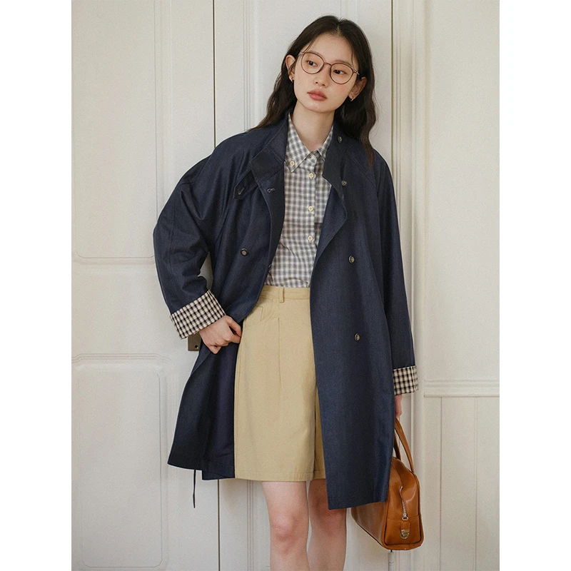 素典【具象随性】格子拼接牛仔风衣外套小个子系带收腰上衣3598