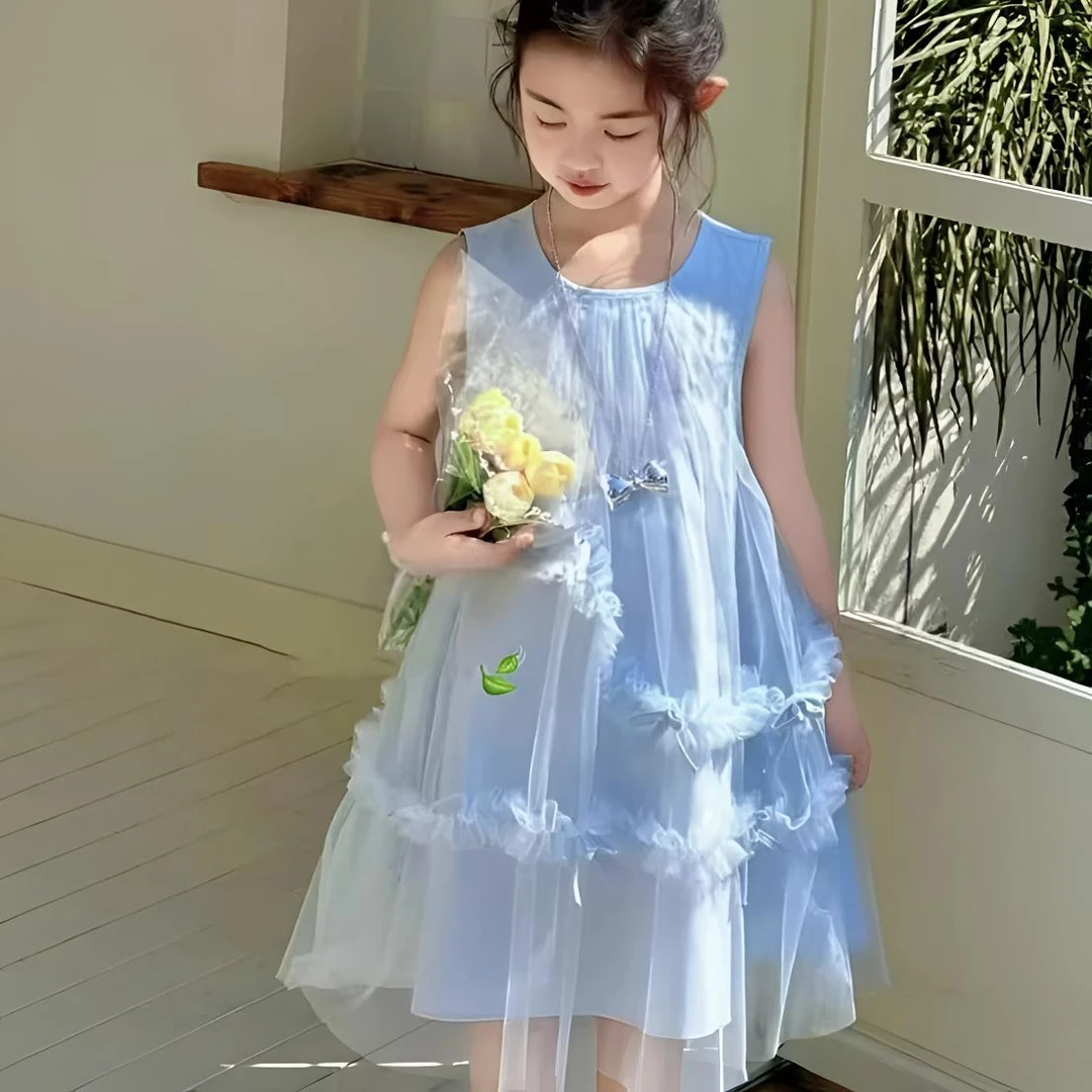 女童夏季连衣裙2025新款中大童洋气裙子女孩度假网纱裙无袖公主裙