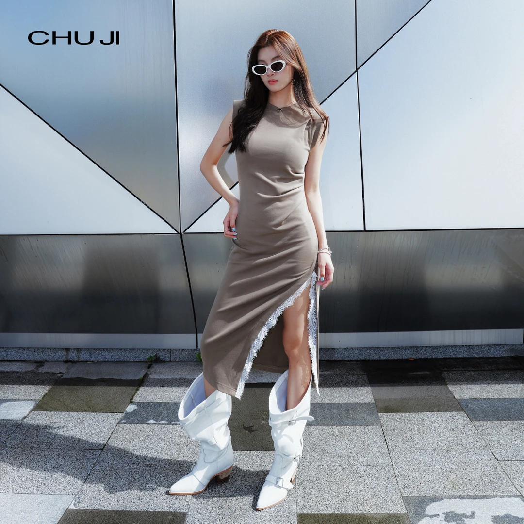 Chuji出迹 褶裥美学蕾丝边侧开叉无袖连衣裙女夏收腰褶皱E2M2596L