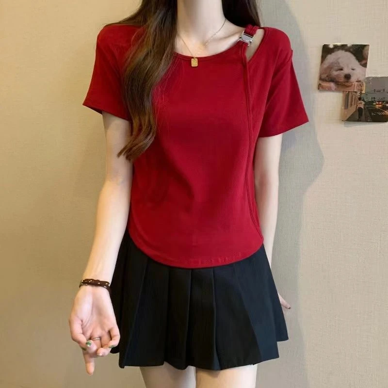 设计感镂空红色短袖T恤女夏季大码胖显瘦遮肚别致洋气小衫上衣上