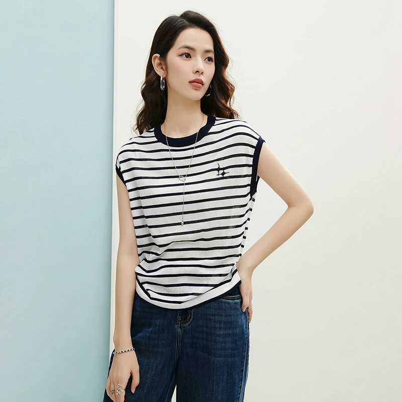 晚白【新品】2025早秋内搭单穿条纹航海系穿搭针织衫女25032550