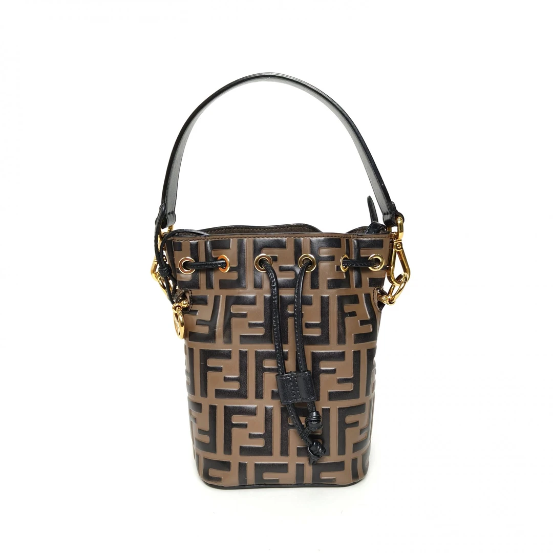 95新 FENDI/芬迪 【双双】MON TRESOR 迷你 水桶包 PVC 金扣 老花