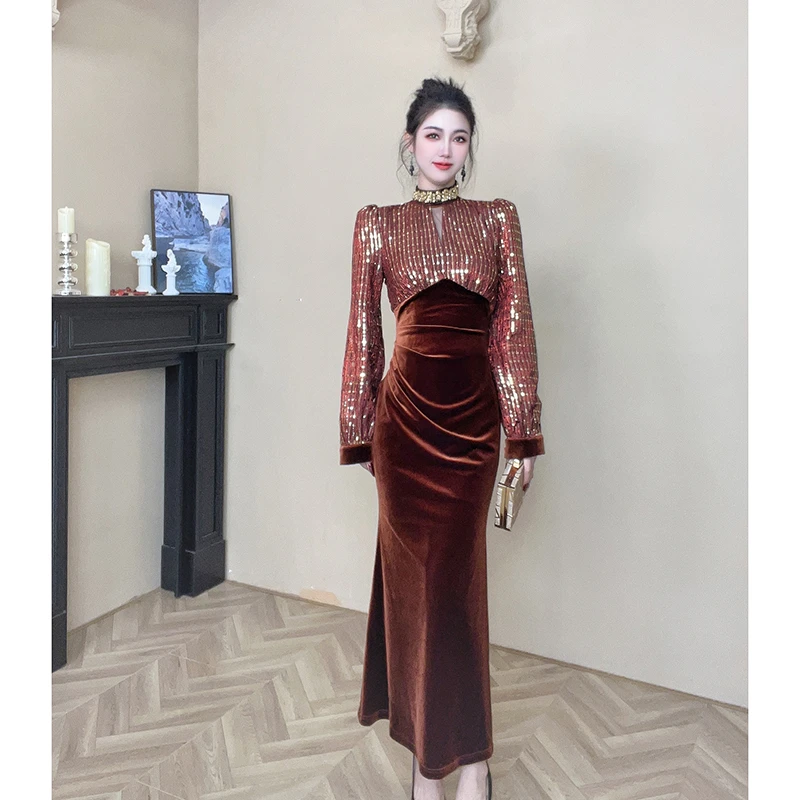 【设计师定制】秋冬新款女装轻熟风气质时尚V领收腰连衣裙21622