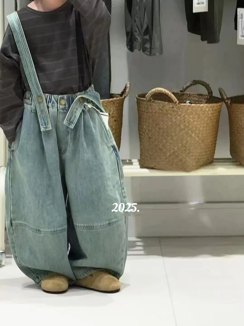 3859休闲时尚潮流百搭洋气男女童春季背带牛仔裤