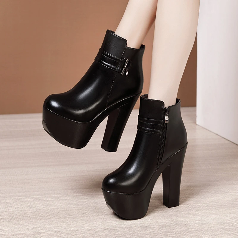 秋冬厚底高跟短靴15cm走秀马丁靴女加绒加厚防水台粗跟高跟中筒靴