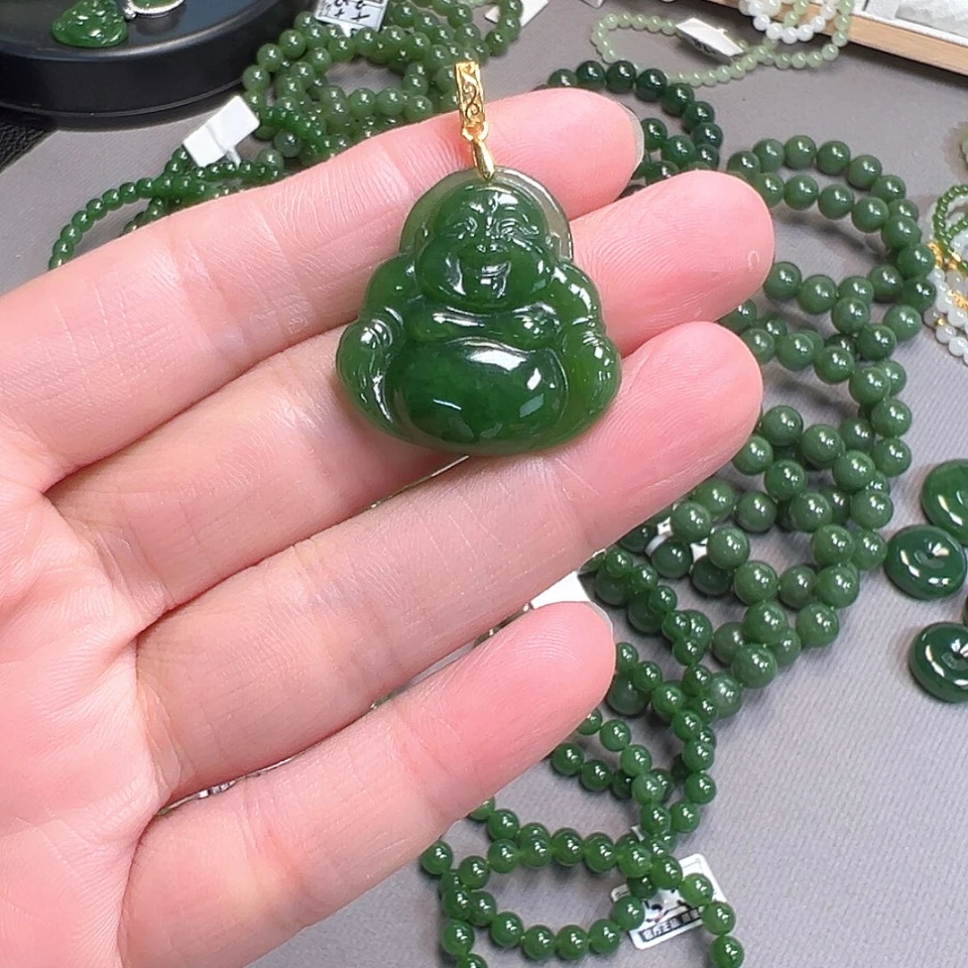 颈饰银S925镀金镶嵌和田玉（碧玉）
