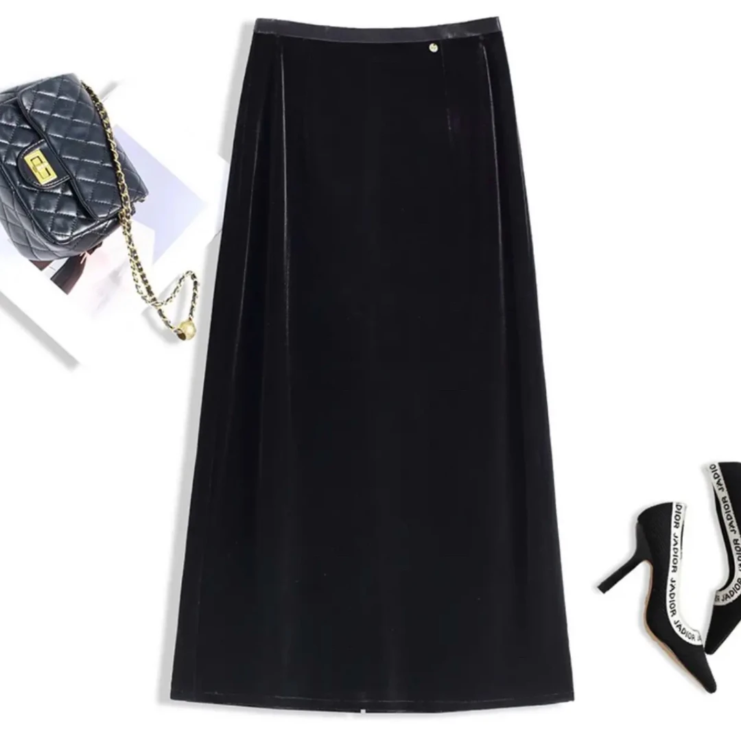 【1152】欧洲站秋冬新款丝绒半身裙女时尚百搭开叉包臀裙