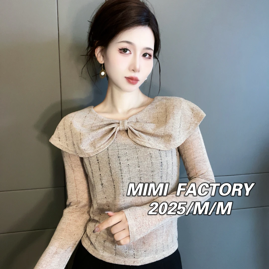 2025新款 重工蝴蝶结设计长袖T恤女修身显瘦打底上衣5666#