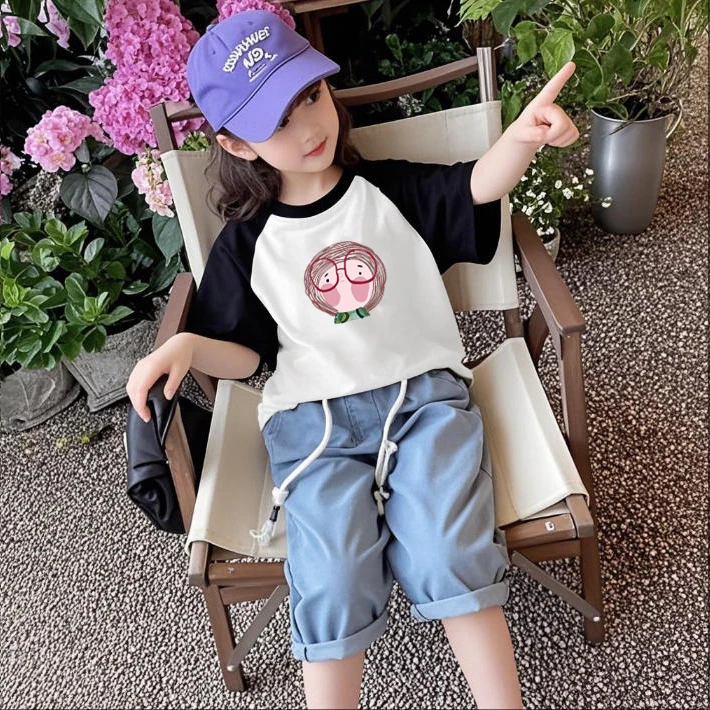 纯棉女孩短袖卡通拼色中小童T恤儿童宝宝洋气甜美半袖夏季半袖衫