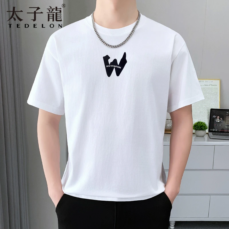 TEDELON/太子龙夏季男士纯棉圆领T恤落肩时尚休闲印花t恤短袖半袖