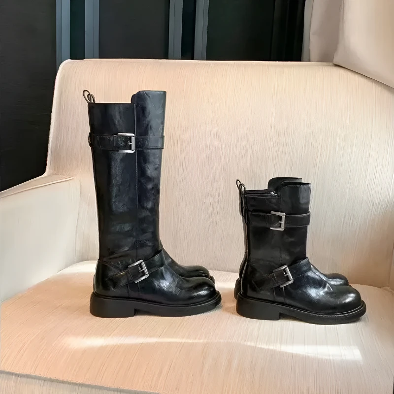 【S茵茵同款】颓废扣子靴~复古褶皱粗跟厚底中高筒靴骑士长靴女短靴