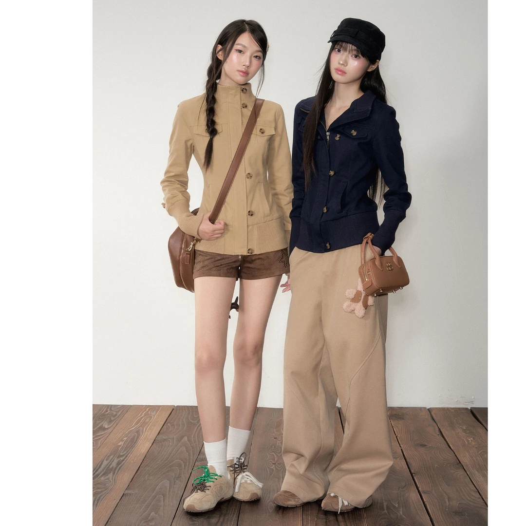 原创韩系复古修身显瘦拉链系扣半高领设计感显瘦短外套上衣女潮